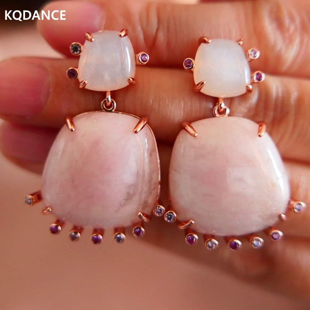 KQDANCE Moonstone Rhodonite Geometric Earrings With Natural Rosy Jade Gemstone 925 Silver Needle Rose Gold Plated Jewelry Women