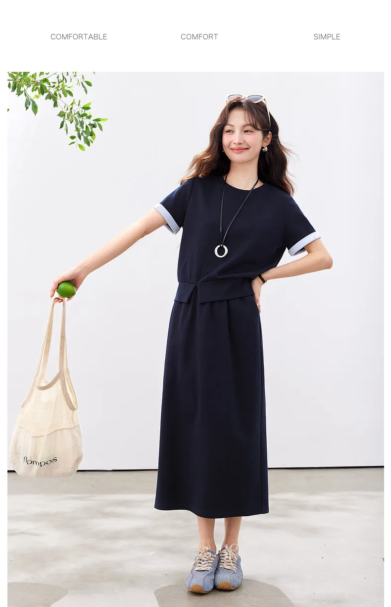 VIMLY Navy Casual Office Women's Suit 2026 Summer Contrast Folded Cuff Short Sleeve Tee Elastic Waist Straight Skirt Sets A6390