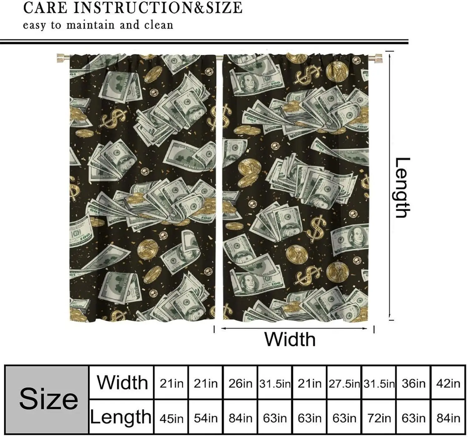 Funky Cartoon Money Curtain,Kids Abstract 100 Dollars Cash Gold Coin Pattern Decor Window Curtain,for Child Nursery Classroom
