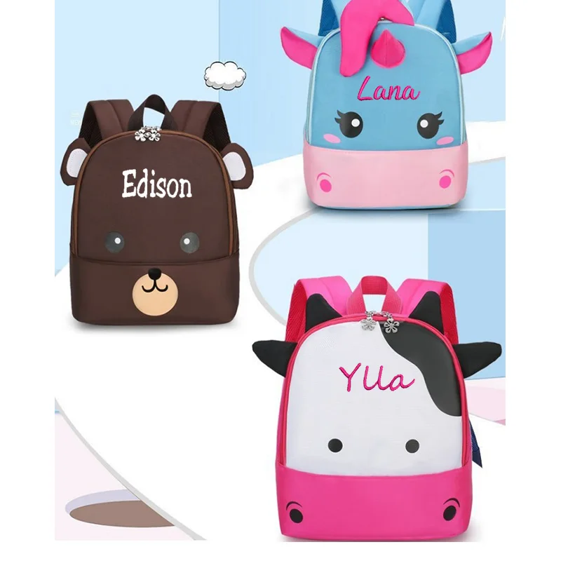 

Customized Name Kindergarten Backpack Male/Female Student Cartoon Book Bag Cow Unicorn Little Bear Backpack