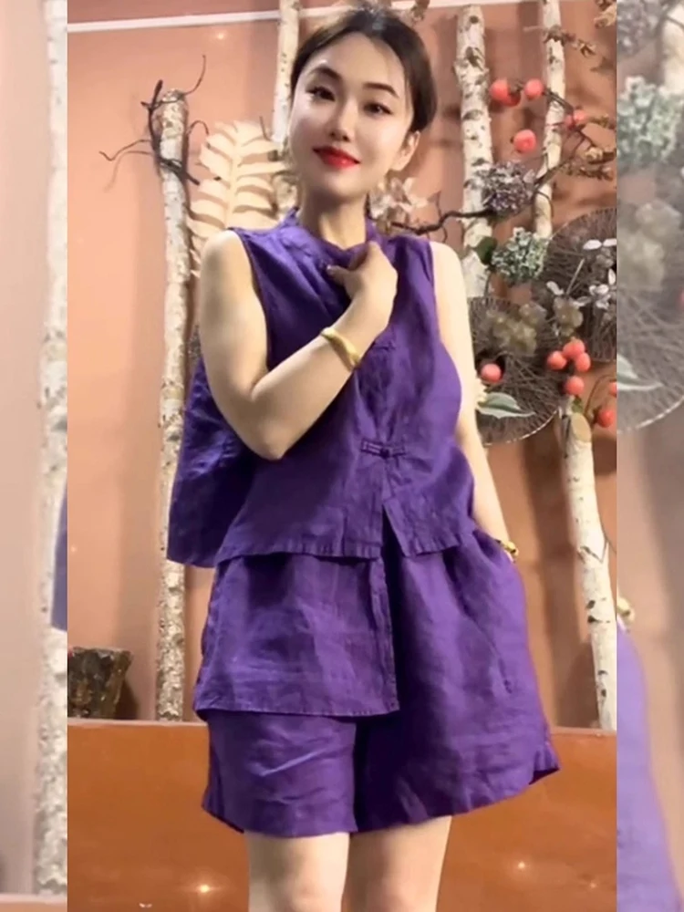 Stylish Purple Button-Up Vest And Shorts Set Fashionable Youthful Outfit Perfect for Summer Small Size Women Will Love This