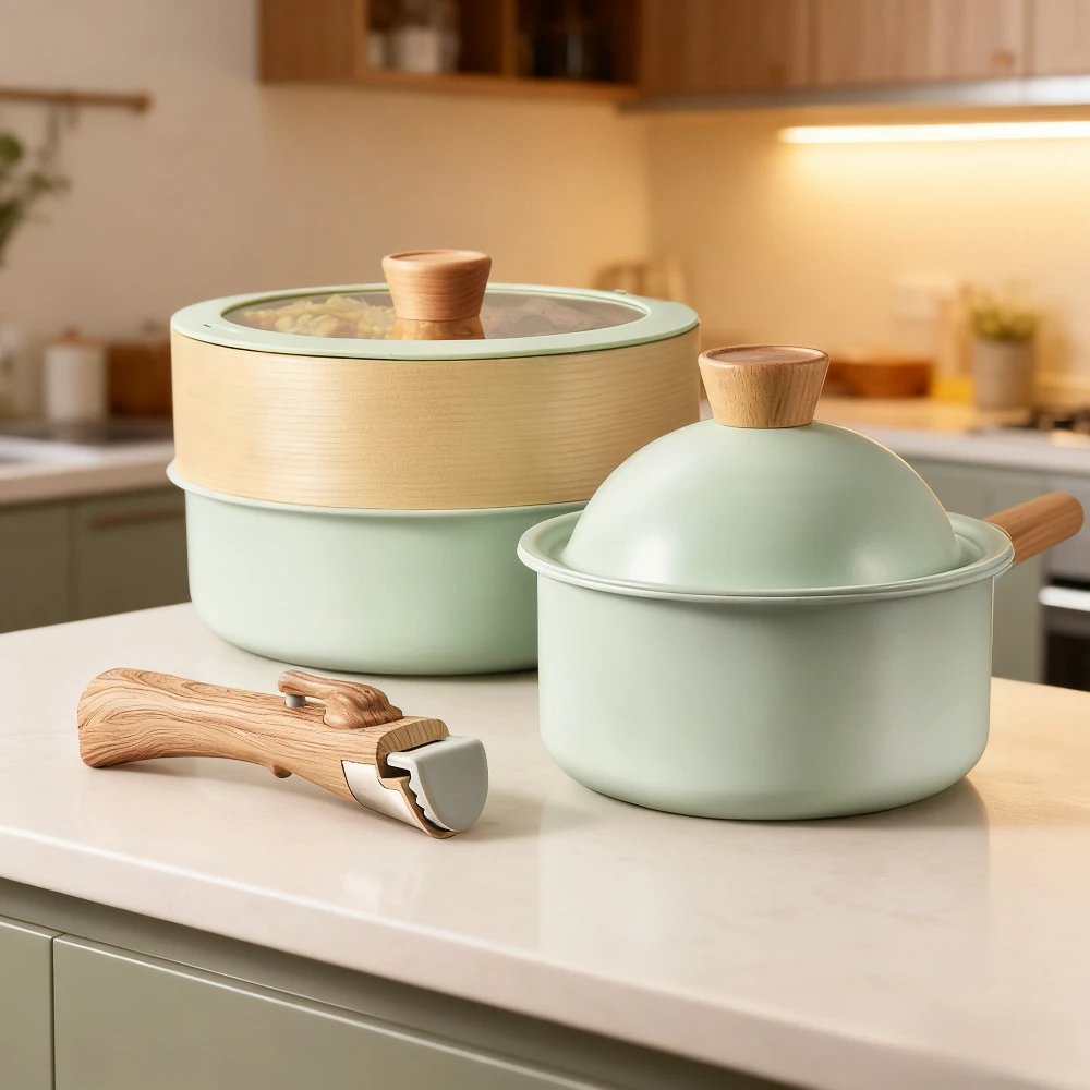 

Aluminum Pot Set with Double Bottom Thick Soup Pot Milk Pot Nonstick Frying Pan with Detachable Handle Household Kitchen Tools