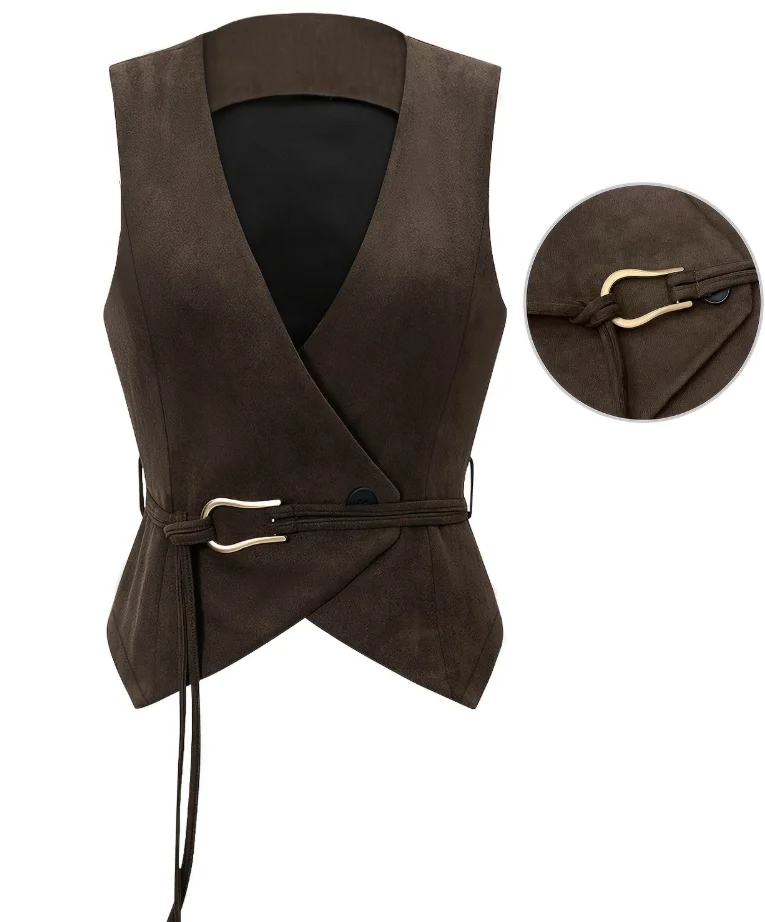 

Top Women 2026 New Spring Solid Color Retro Suede V-Neck Lace Up Button Sleeveless Versatile Casual Daily Basic Vest Top
