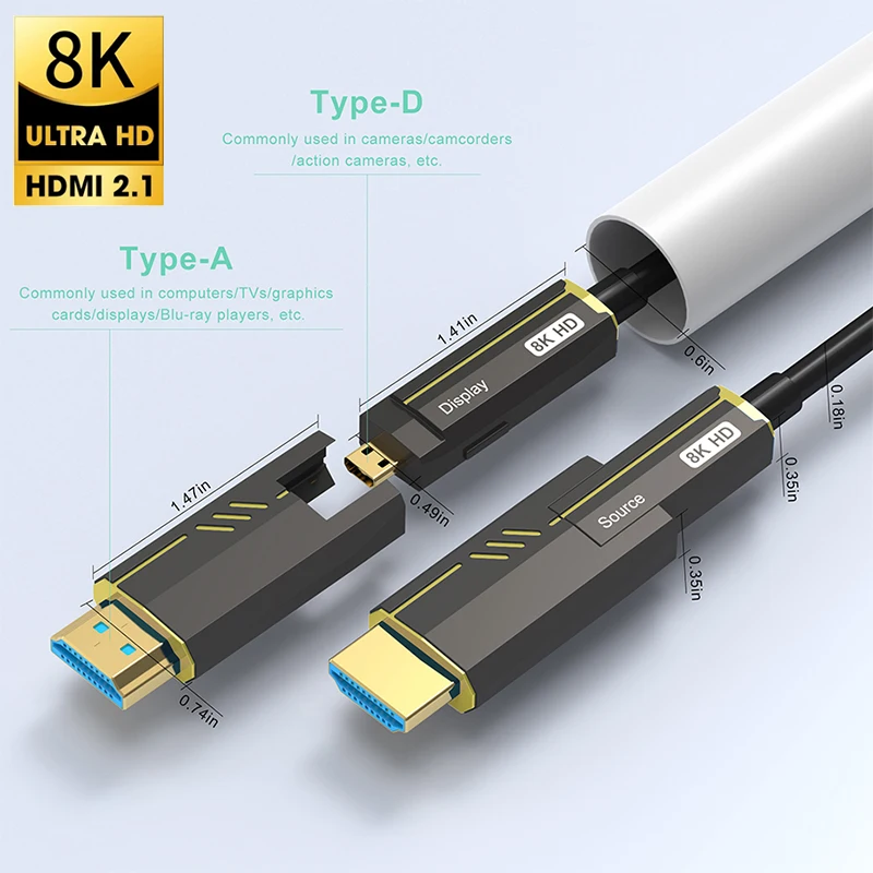 Kabel światłowodowy HDMI 2.1 8K, 8K 60Hz, 4K 120Hz, przemysłowy kabel światłowodowy, Micro HDMI do HDMI z odłączaną końcówką.