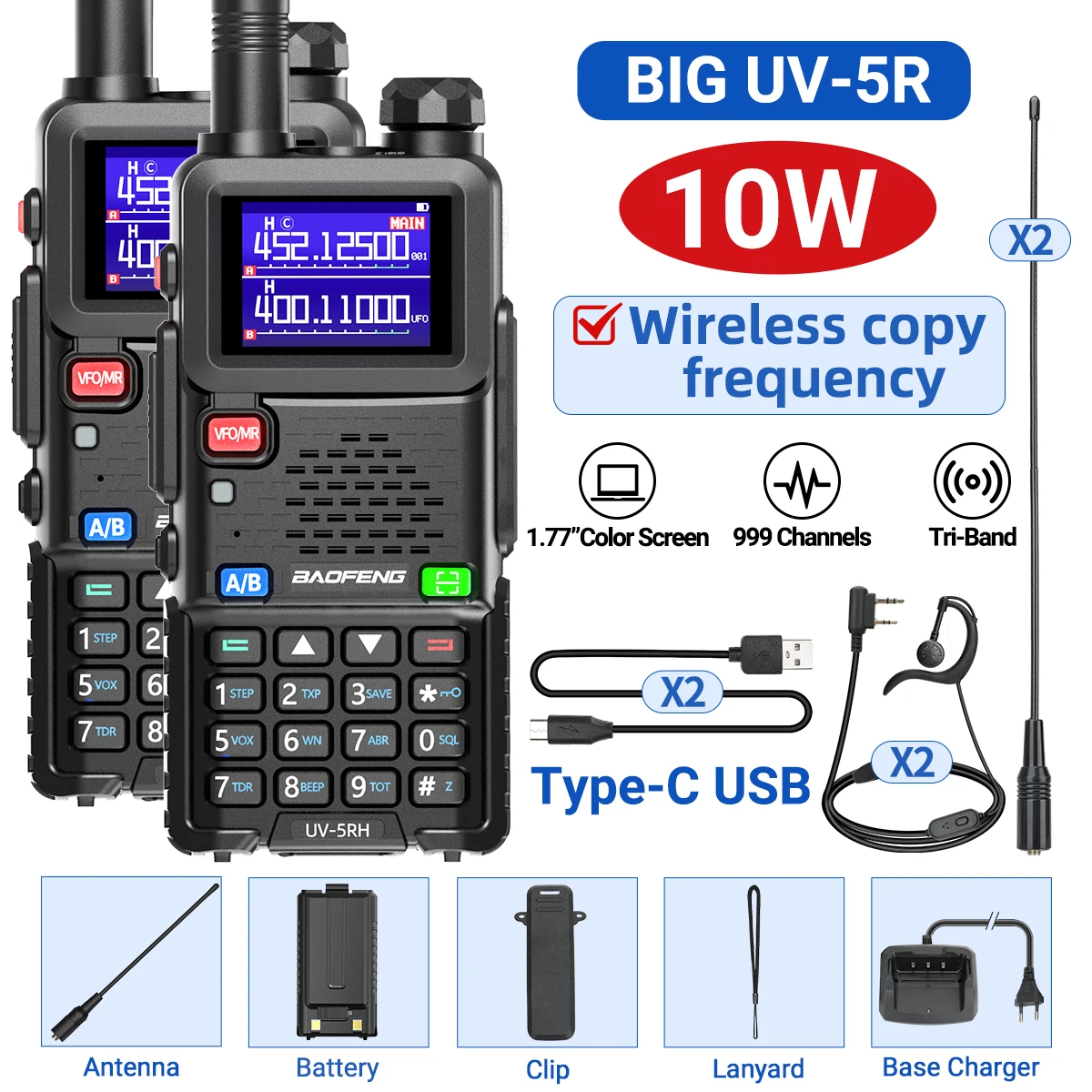 2PCS UV-5RH 10W Air Band Walkie Talkie Draadloze Kopieerfrequentie 999CH Type-C NOAA Lange afstand NOAA VOOR Baofeng UV-5R K5 Ham Radio