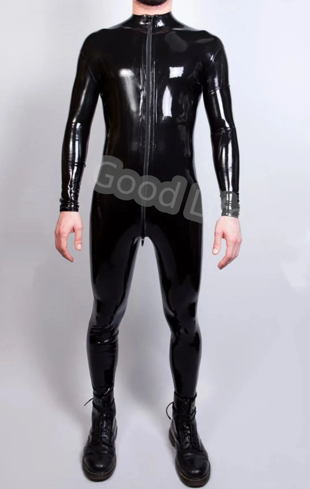 

Handmade Natural Rubber Latex Catsuit Front To Crotch Zip 100% Latex Rubber Classic Black Bodysuit Attached Socks