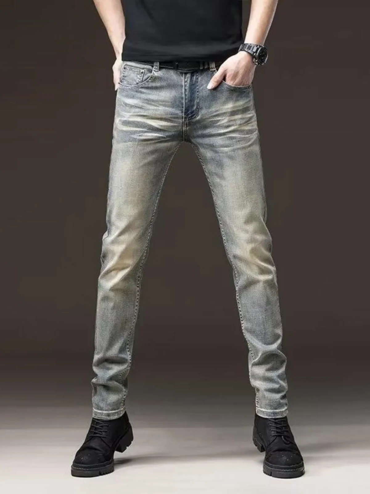 

High-End Retro Washed Fleece-Lined Thick Denim Jeans Men's Trendy Straight Leg Slim Fit Fashionable All-Match Elastic Long Pants
