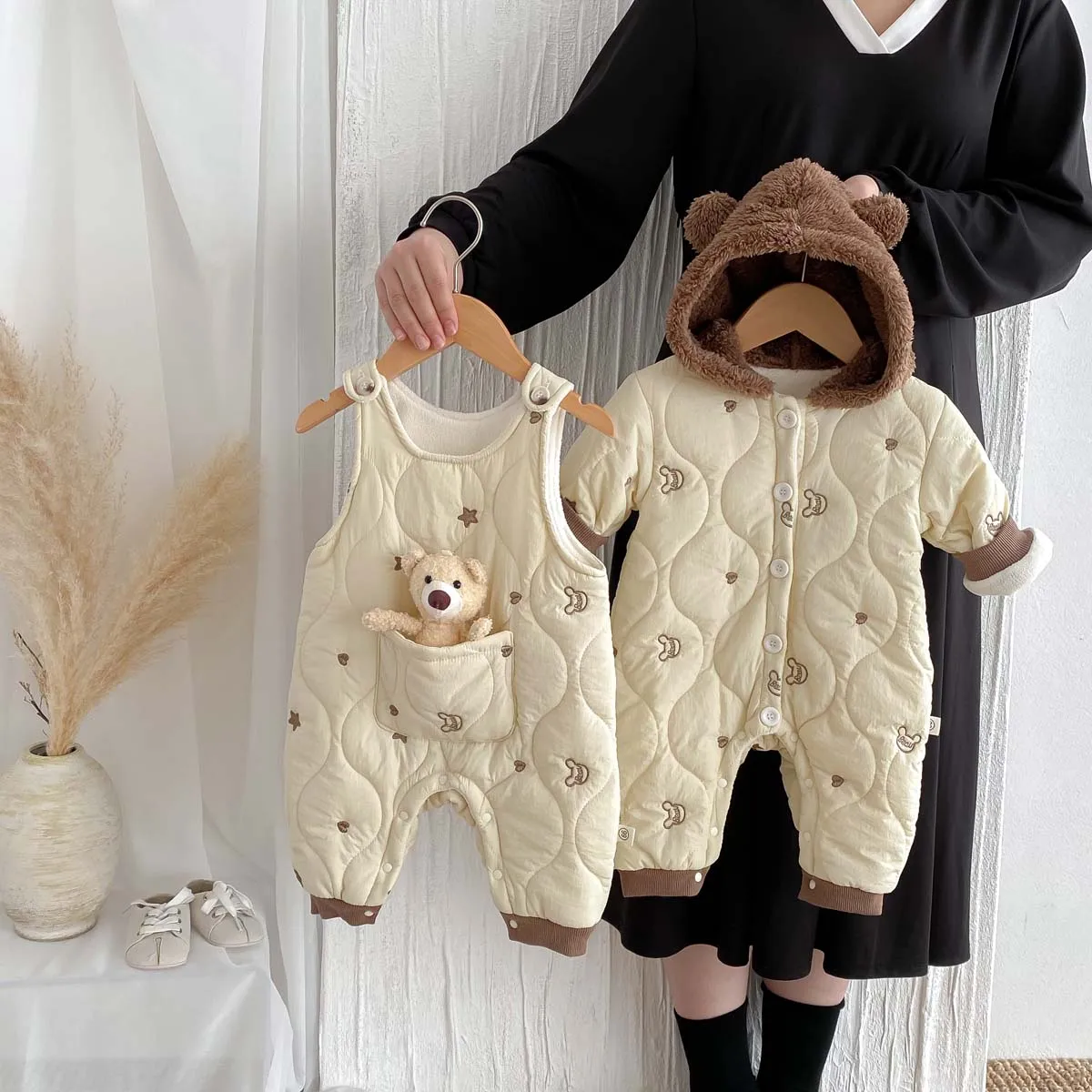 Korean Style Baby\'s Autumn and Winter Clothes fleece-lined Boys\' and Girls\' Bodywear Super Cute Bear Cartoon Thickened Warm Hood