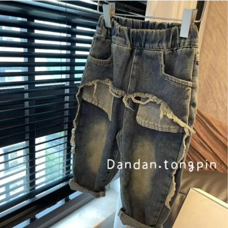 Spring and Autumn Boys' Jeans New Loose Girls' Casual Straight Loose Pants Handsome Children's Baby Outwear Pants