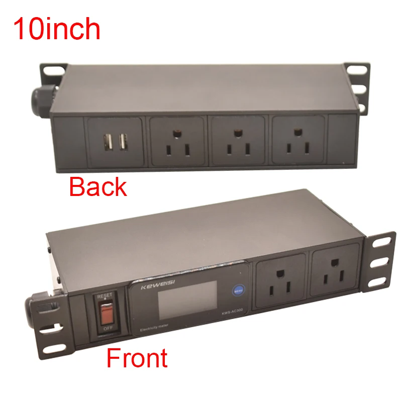 10inch Cabinet Rack Mount Socket Digital Voltmeter Power Energy Meter Power Strip with Switch 2USB 5Ways US Socket 2m Cord