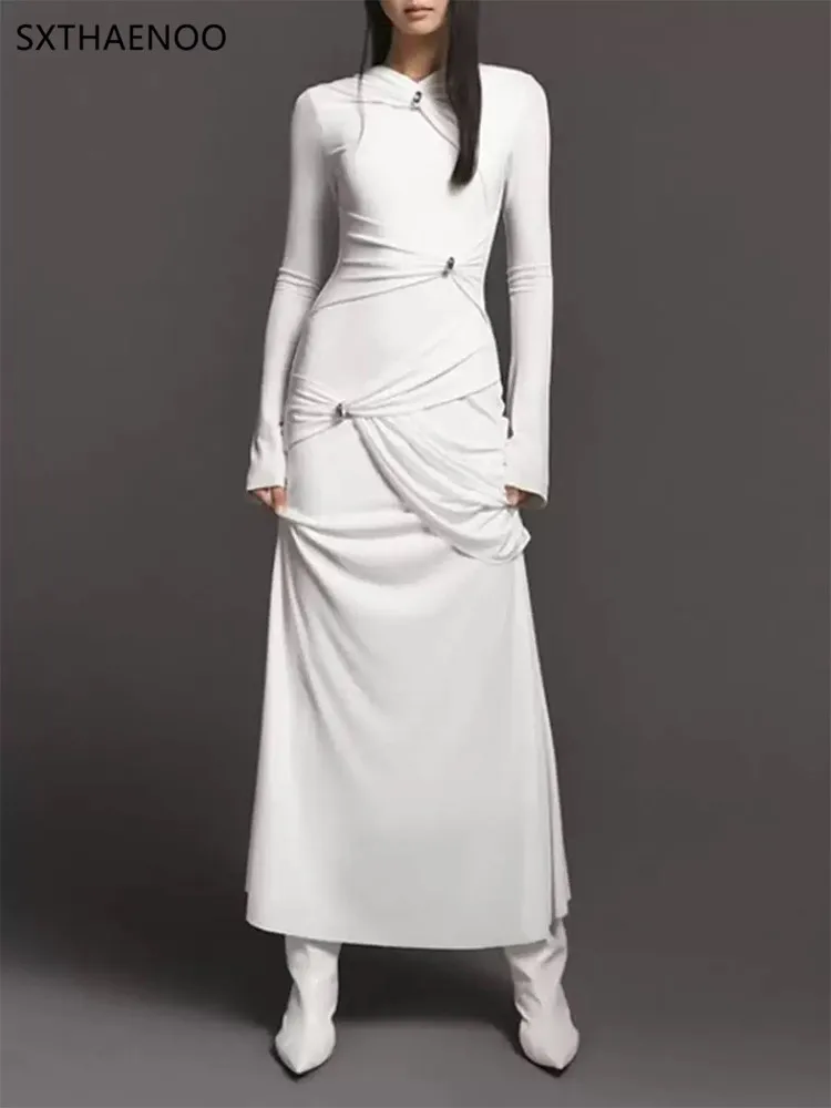 SXTHAENOO Effen Onregelmatige Jurken Voor Vrouwen Ronde Hals Lange Mouw Hoge Taille Afslanken Gesplitste Metalen Gesp Lange Jurk Vrouwelijke