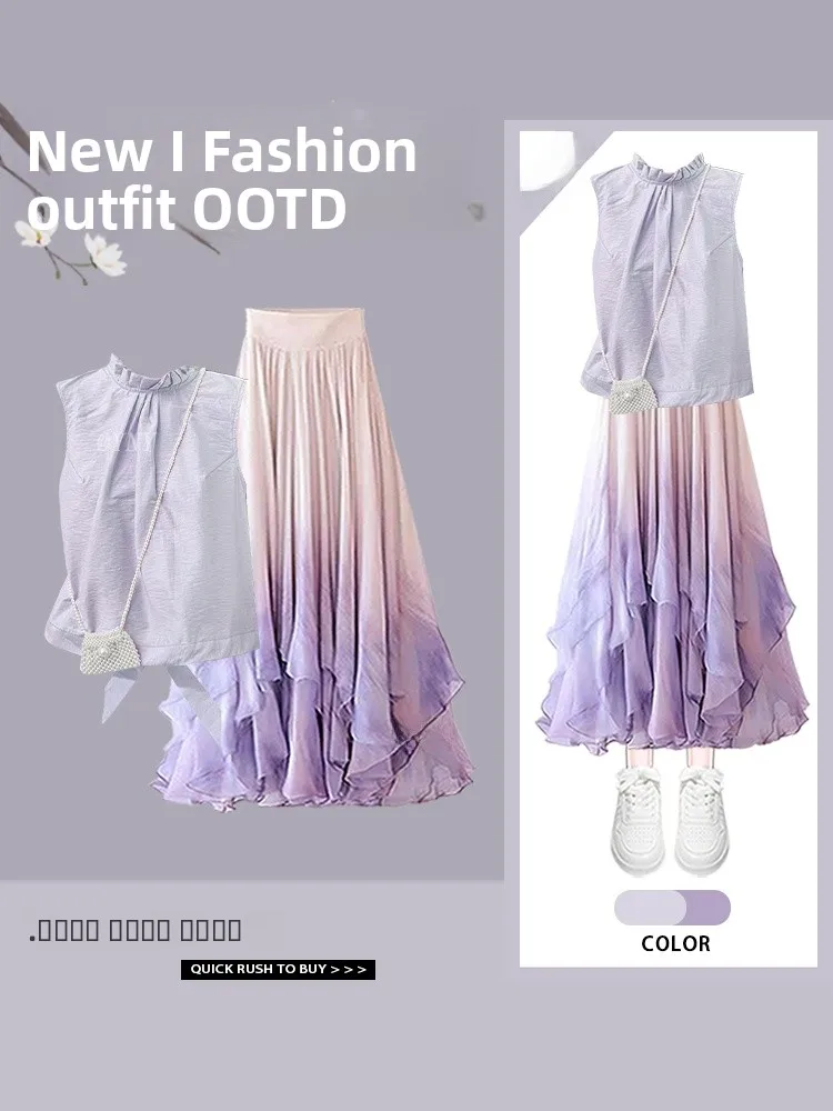 

Деревянный ажурный жилет Svel irt Design Sensation с поясом, фиолетовая юбка, комплект из двух предметов, модный летний наряд