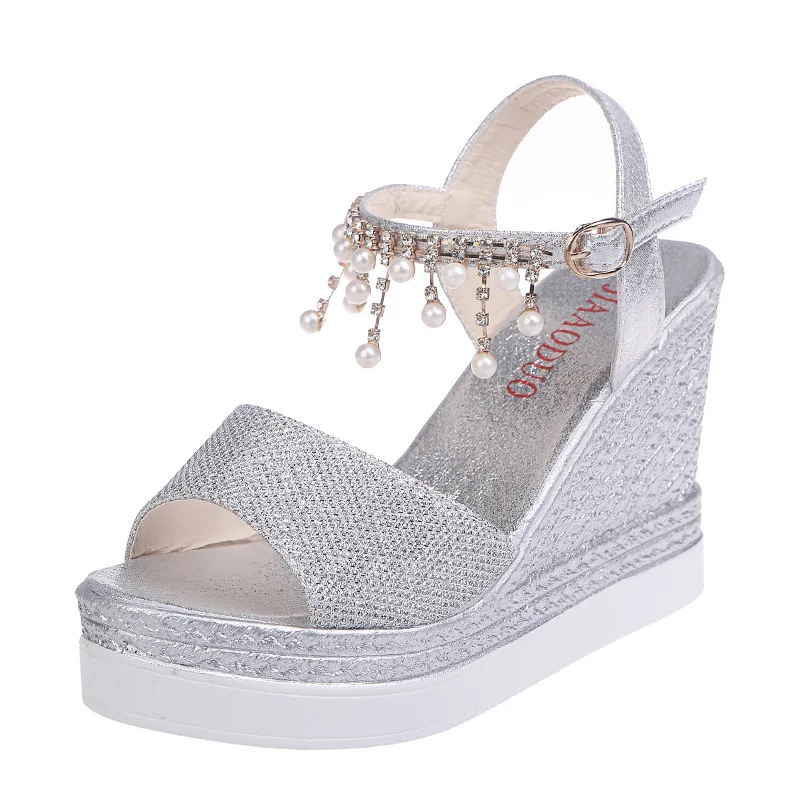 Girls Sandals 2022 Summer New Women\'s Pumps Fashion Pearl Rhinestone Platform Wedge Casual Female Sandals 10cm Ladies High Heels