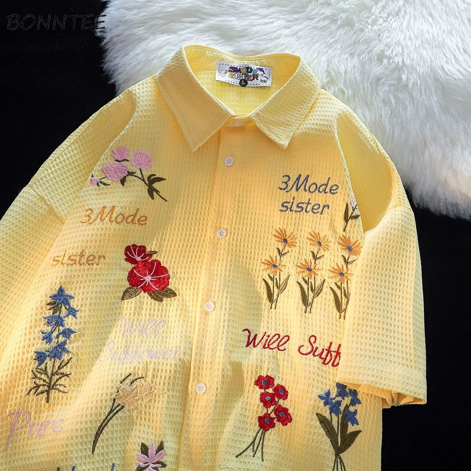 

Waffle Floral Embroidery Shirts Women Loose Short Sleeve Unisex Leisure Chic Holiday Couples Clothing American Style Retro 3XL