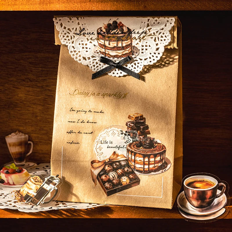 Mr.Paper, postre, café, pegatinas temáticas de pan, álbum de recortes decorativo, funda de teléfono, cuaderno, diario, pegatinas de papelería, 50 hojas/caja