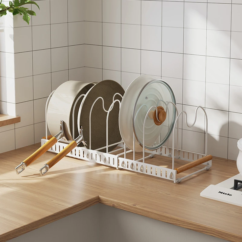

Retractable Pot Rack 7-Grid Space Saving Cabinet Organizer Cookware Pan Lid Drainage Shelf Household Kitchen Storage Holder
