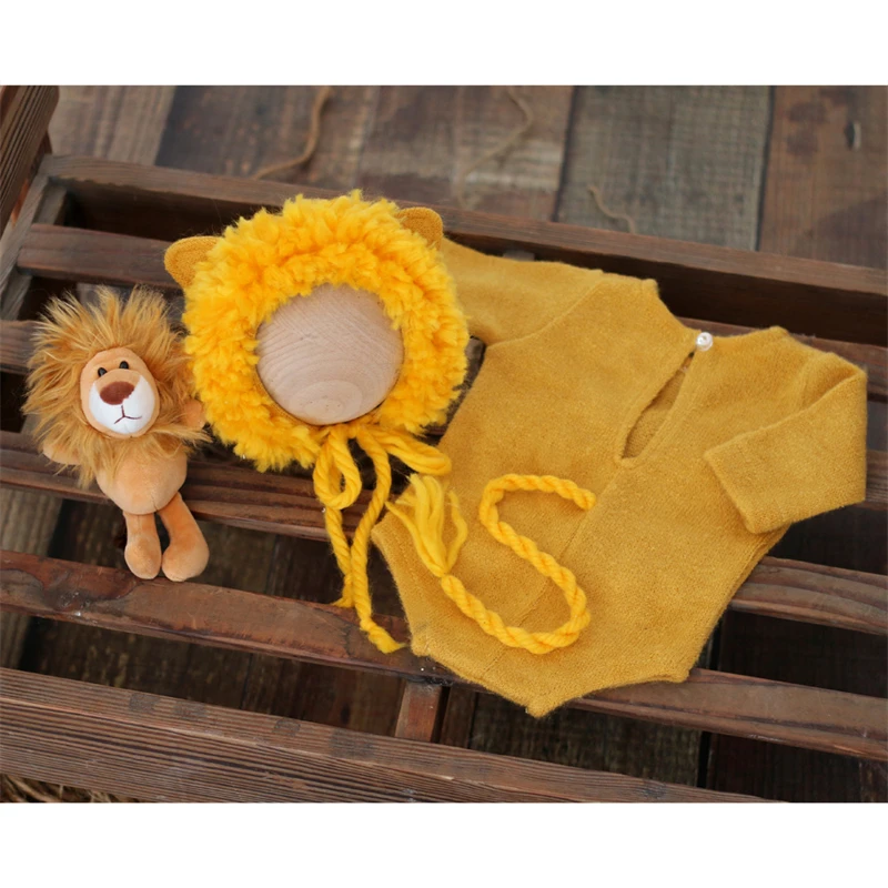 Newborn Photography Animal Costume Lion Doll Plush Hat Romper Tail 4pcs Outfits Boys Girls Infant Photo Shoot Prop Clothing