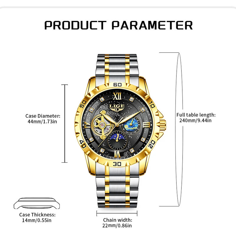 Reloj Men's Watch LIGE Brand Business 2025 Luxury Luminous Mechanical Watch Fashion Stainless Steel Waterproof Mens Wristwatch