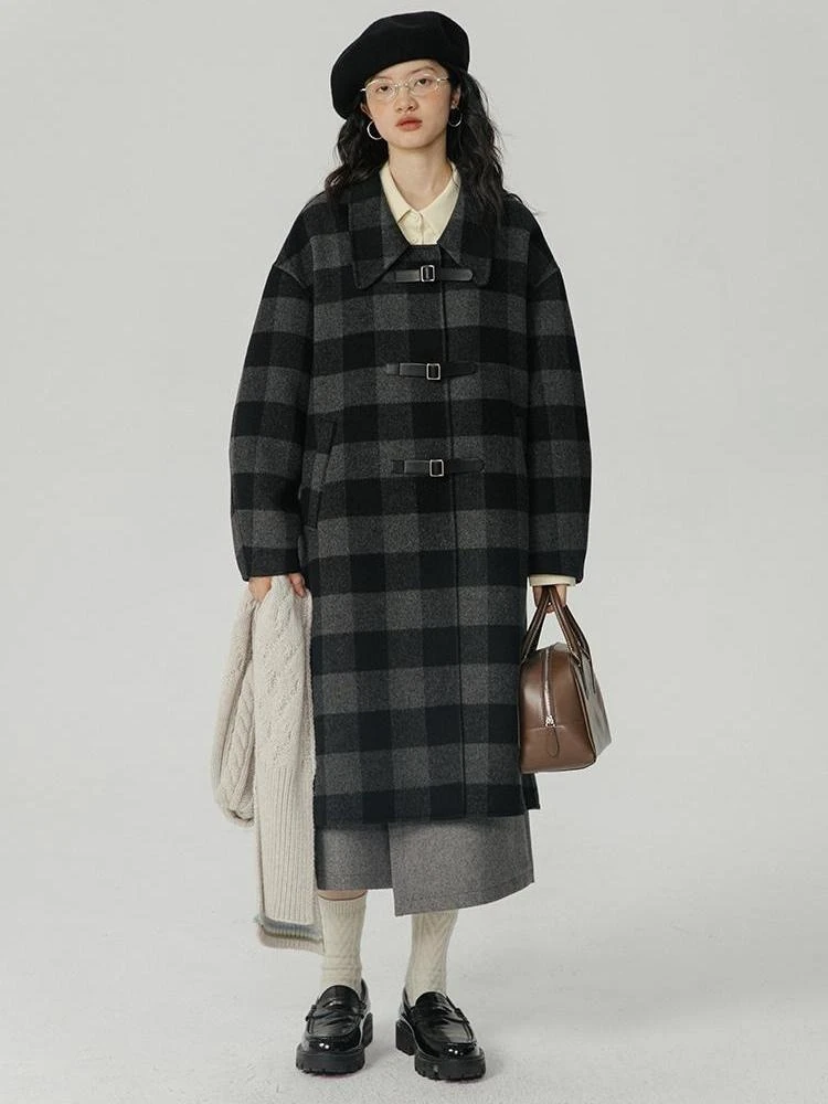 

Женское шерстяное пальто в клетку, осень-зима 2022, Новое поступление, свободная посадка, повседневная офисная одежда, твидовое пальто средней длины