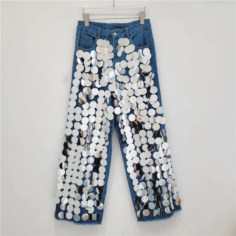 

Personalized Sequined Handmade Sequin Heavy Industry Decorative Straight Street Trendy High Waist Jeans Fashionable Trousers
