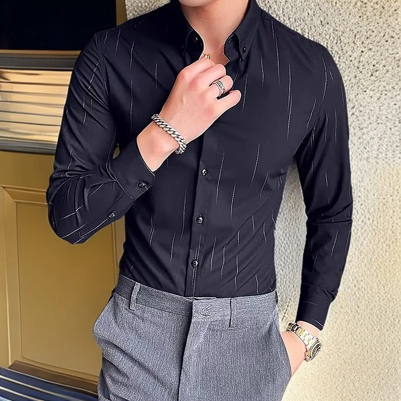 

2025 New Men's Long Sleeve Striped Shirt Social Business Slim Fit Men Dress Shirts Brand Buttons Male Blouse Tops Plus Size 5XL