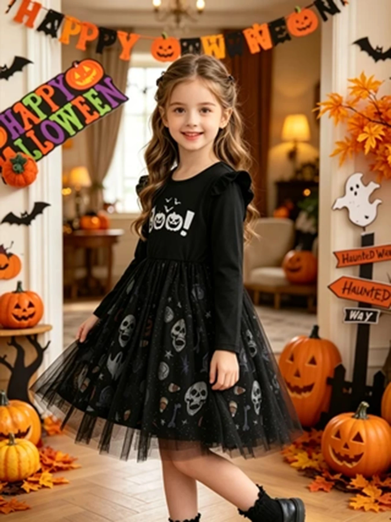 Langärmeliges Halloween-Kleid für Mädchen, Tüll-Prinzessinnenkleid mit Totenkopf- und Kürbis-Print, Kinder-Party- und Aufführungskostüm – Detail 2