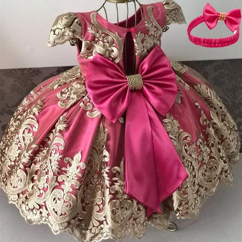 2024 Newborn Baby Girls Dress Flower Lace Vintage Girl Dresses Banquet Birthday Party Tutu Gown Infant Snow White Princess Dress