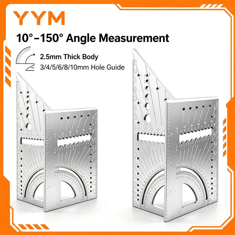 YYM T Square Woodworking Ruler, Aluminum Alloy Carpenter Square, 0-150° Angle Finder, 3-10mm Drill Guide