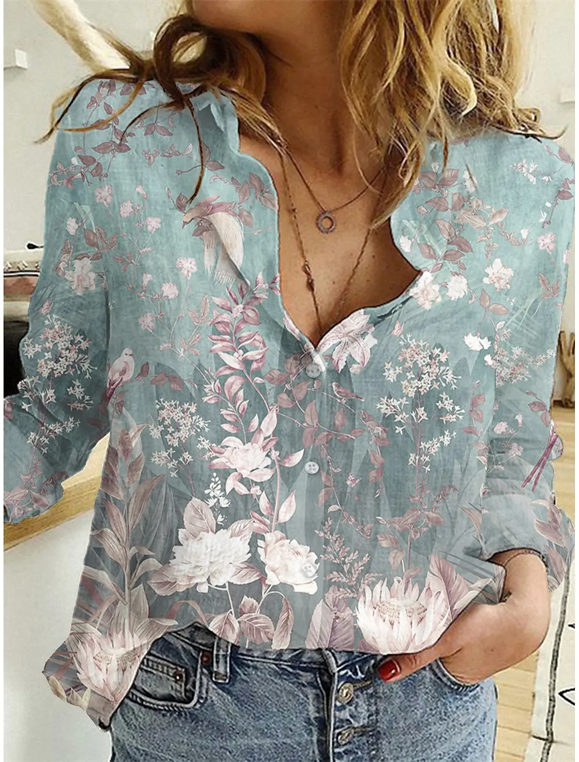 

2025 Women's Shirts Floral Graphics Blouse Lapel Neck Blouse Women's Long Sleeve Shirts Womens Clothes Female Clothing