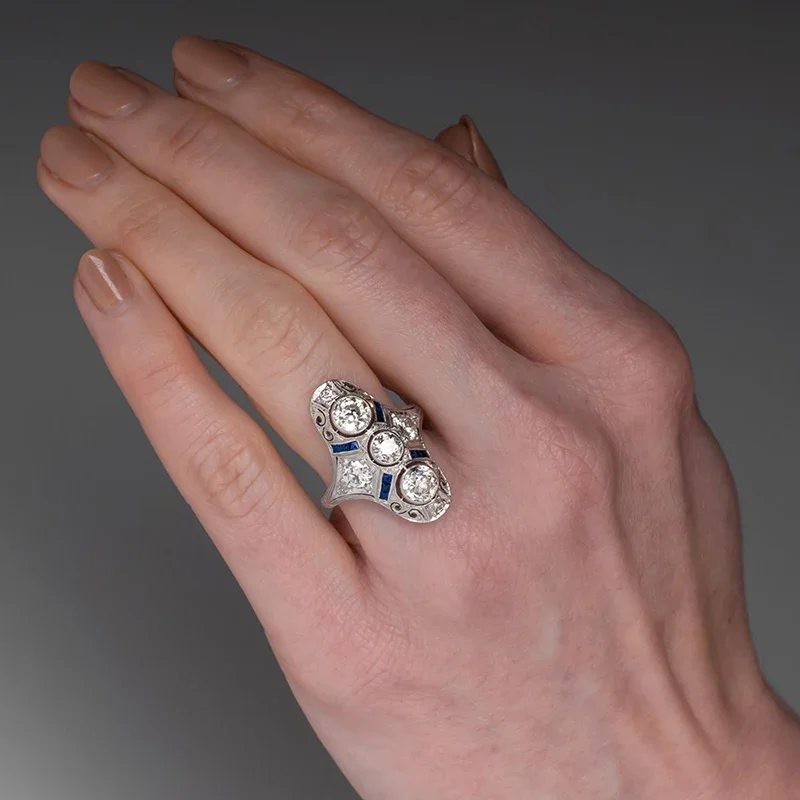 Huitan Gorgeous Wide Rings for Women Unique Design Blue/Green CZ Hollow Rings Vintage Accessories Daily Wear Party Lady Jewelry