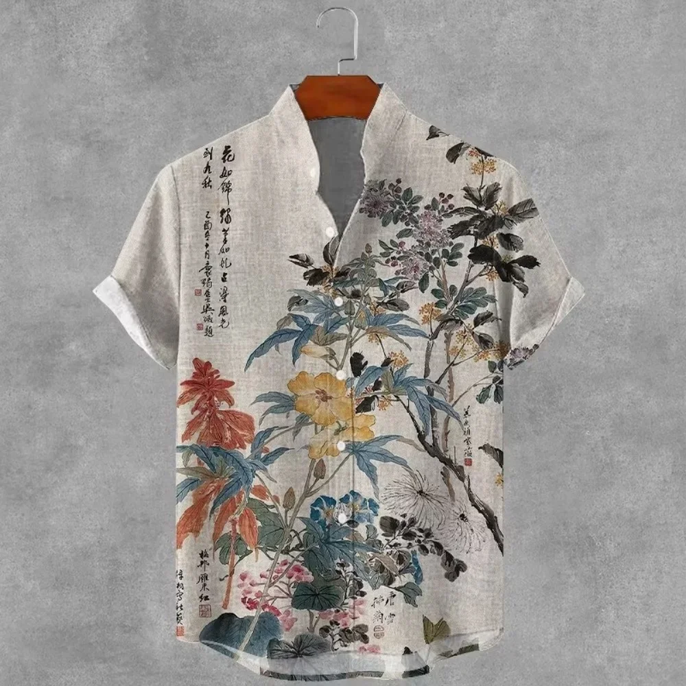 Men's beige blue patchwork short sleeved artistic casual shirt, new Chinese style blue gold swallow print