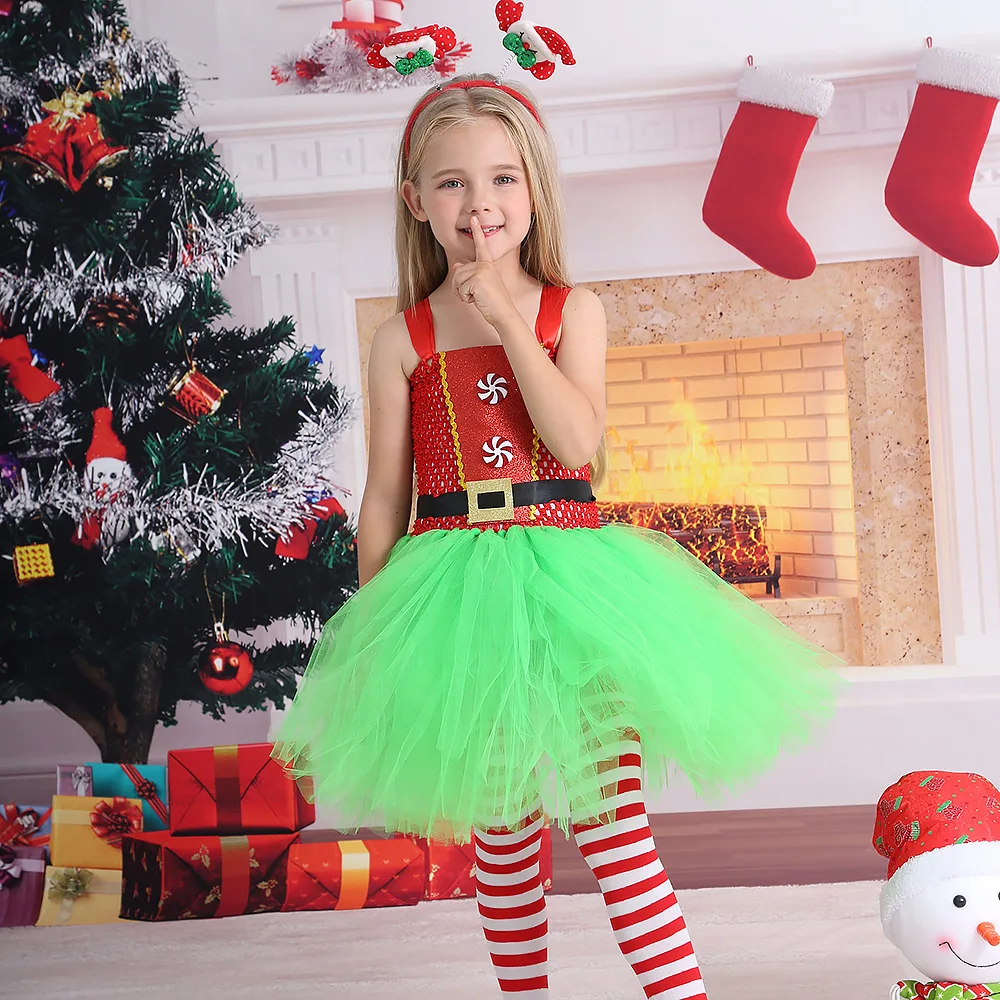 Girls Fancy Christmas Elf Costume Baby Birthday Party Stage Performance Costume Red Green Mesh Tutu Dress Kids Cosplay Costumes