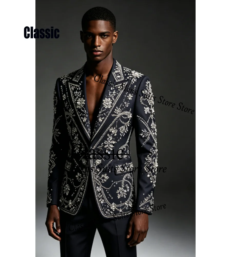 Glitter Jewelry Men Suits 2 Pieces Sets Customized Embroidery Male Party Blazers Groom Evening Tuxedos Slim Sequin Costume Homme