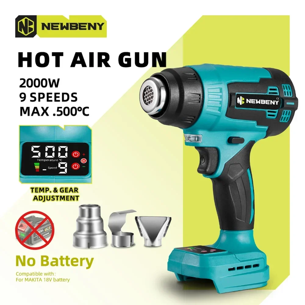 

NEWBENY 2000W Electric Hot Air Gun 9Gears Adjustable LED Display with 3 Nozzles Industrial Home Hair Dryer For Makita 18VBattery