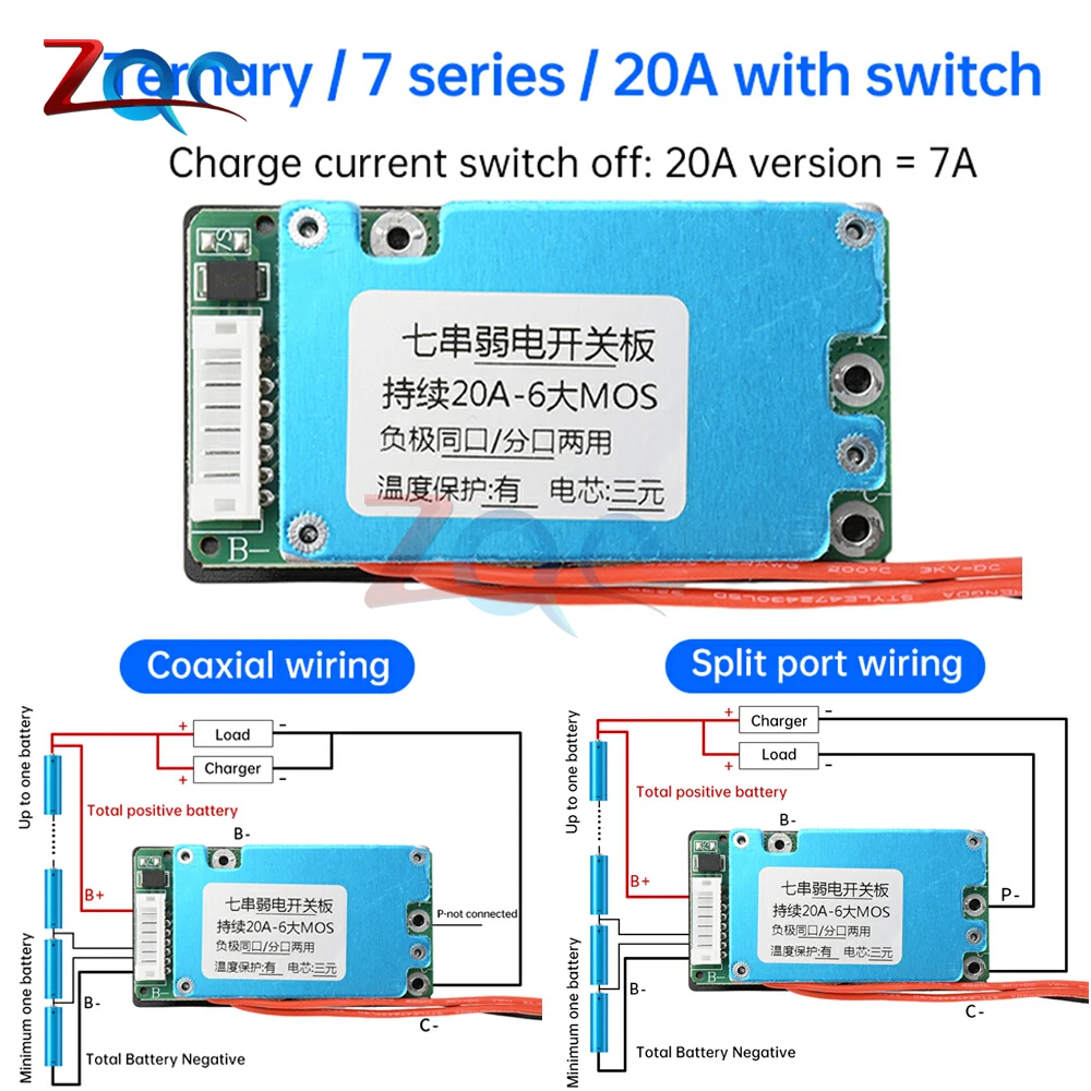 

7S 29.4V 20A 18650 Li-Ion Battery Protection Plate Split Port Same Port Charging Protection Module Balanced Temperature Control
