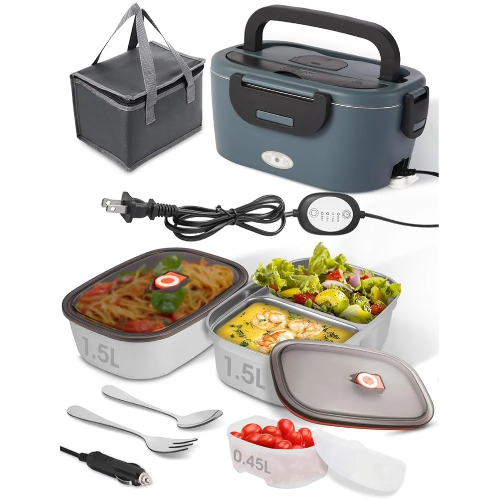 80 واط صندوق غداء ساخن مع مؤقت اثنين 1.5L حاويات من الفولاذ المقاوم للصدأ مانعة للتسرب وجبة كهربائية سخان المنزل مكتب سيارة