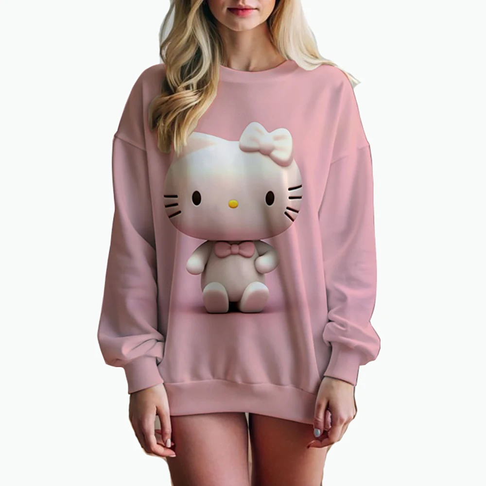 Women\'s Hello Kitty Printed Sweatshirt, High Street Women\'s Hoodie, Y2K Pattern Clothing, Casual Round Neck Sweater