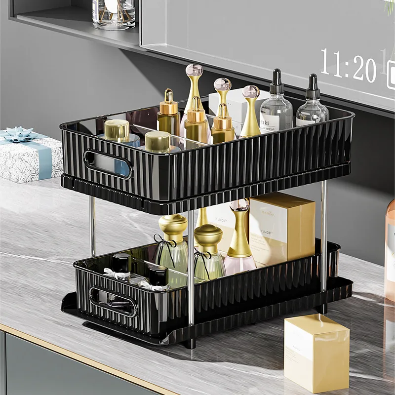 Double layer pull-out cosmetic storage transparent drawer style kitchen desktop storage shelf