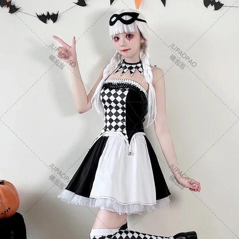Disfraces de circo de Halloween para mujer, disfraz de Anime japonés Lolita, vestido de fiesta, uniforme a cuadros de juego de rol de payaso para colegiala 2024