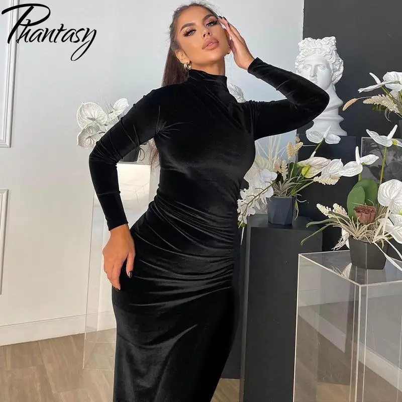 Phantasy-vestido negro de terciopelo para mujer, prenda Sexy de manga larga, ceñido al cuerpo, con cremallera, ajustado, para fiesta y oficina