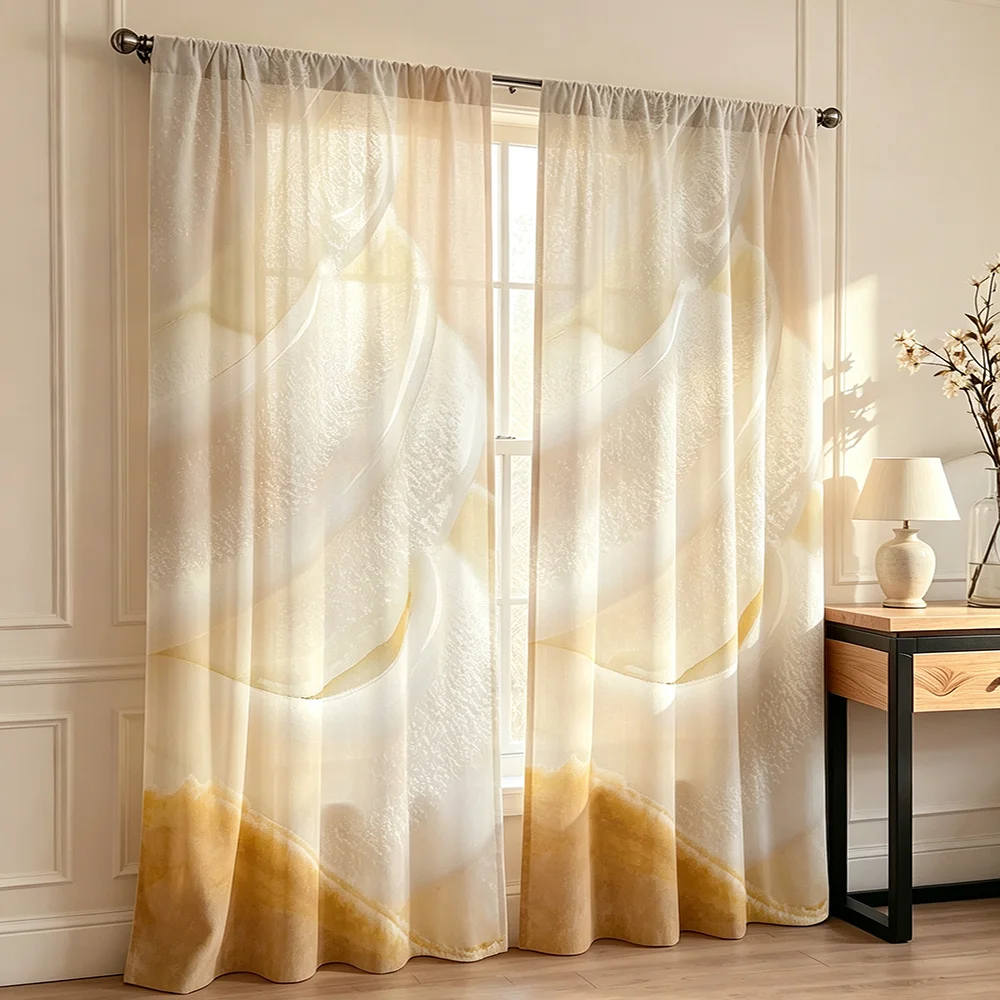 2PCS Digital Print Curtains Soft Yellow Abstract Ribbon Gradient Print Minimalist Living Room Window Drapes