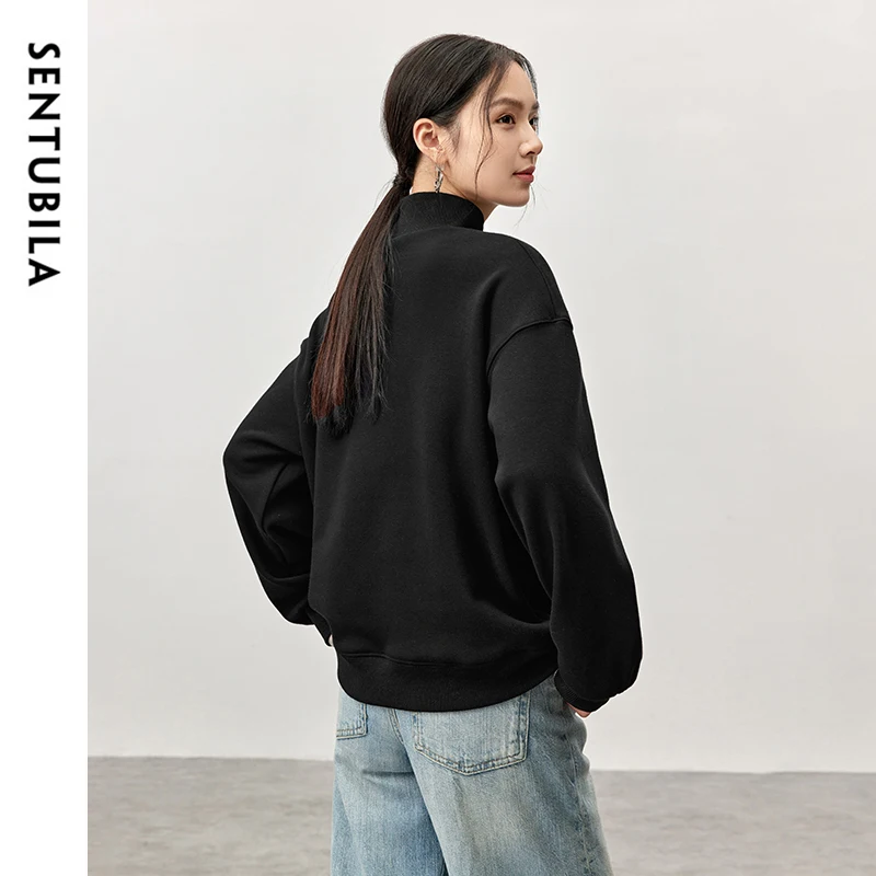 SENTUBILA Embroidery Knit Cotton Sweatshirt Women Winter 2024 Simple Loose Fit Half High Collar Drop Sleeve Women Top 144A57150