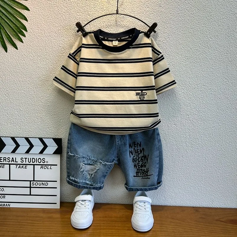 

High-Quality Baby Boys 2pcs Cotton T-shirts+Handsome Denim Shorts Set Kids Girls Clothes Suits 2025 New Sporty Suits Teenage