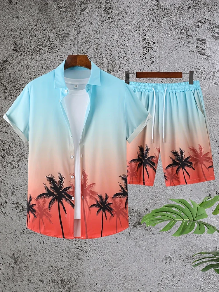 Hawaiian Mens Comfortable Shirt and Shorts Palm Leaf Print Mens Short Sleeve Shirt and Beach Shorts Breathable Set Summer