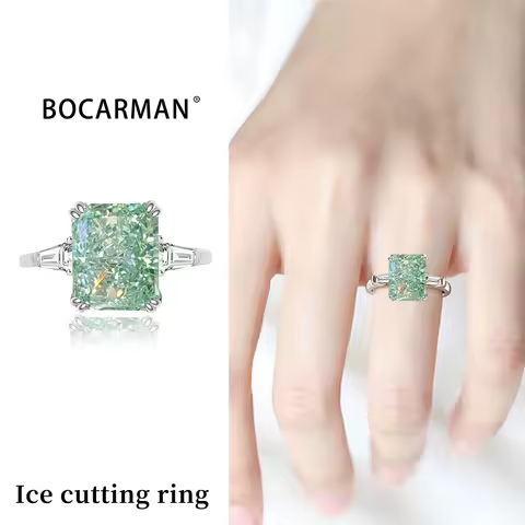 S925 sterling silver explosion flash ice cutting rectangular mint green zircon ring high carbon diamond simple ring for women