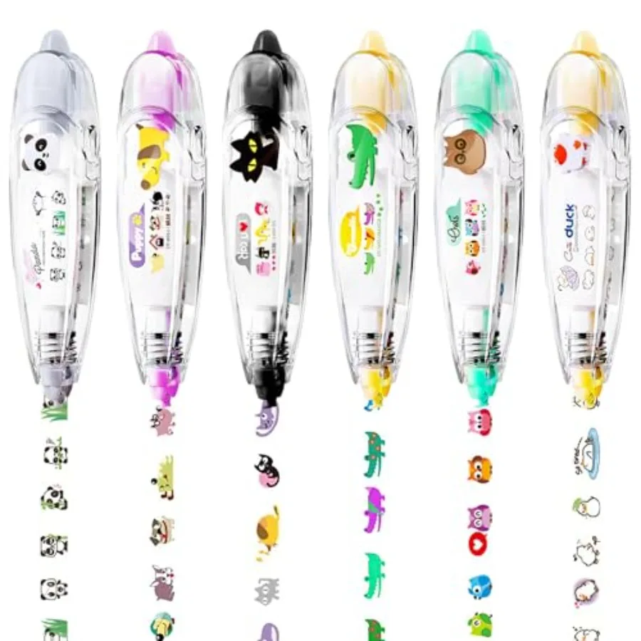6Pcs Correction Pen, Cute Stationary, Tape Pen, Cute Animals Press Type Decorative Pen, DIY Cartoon Correction Tape for Gift, S
