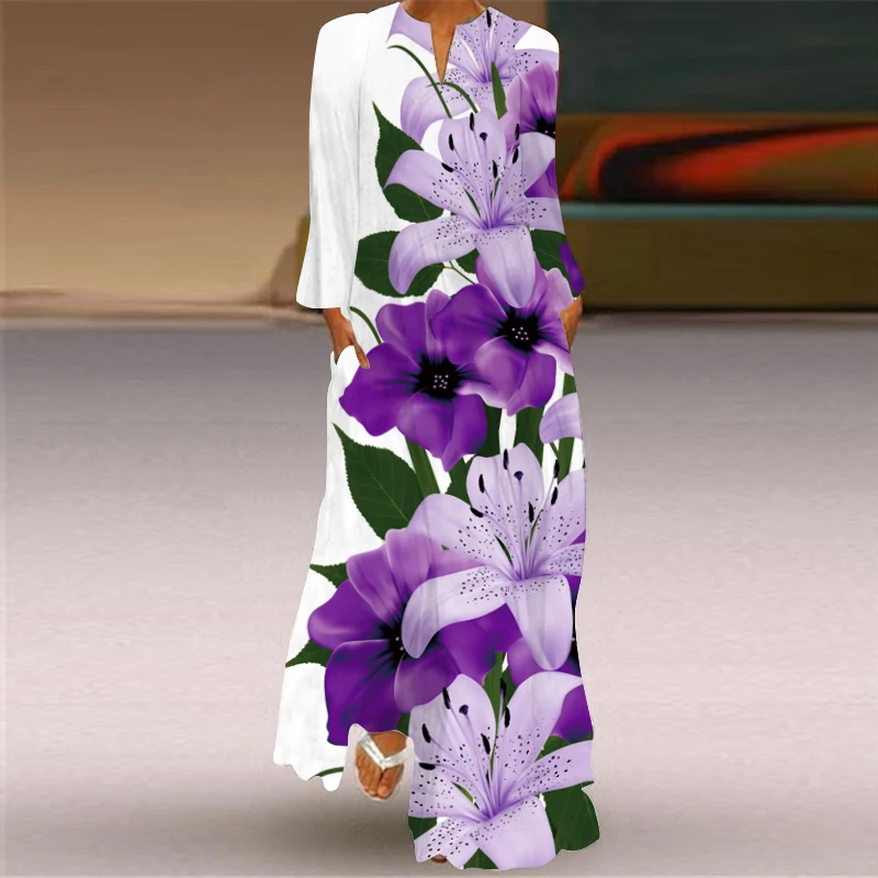 Purple Flowers 3D Printed Summer Dress 2024 Long Sleeve Breathable Loose Long Dresses Woman Elegant Casual Fashion Pocket Dress