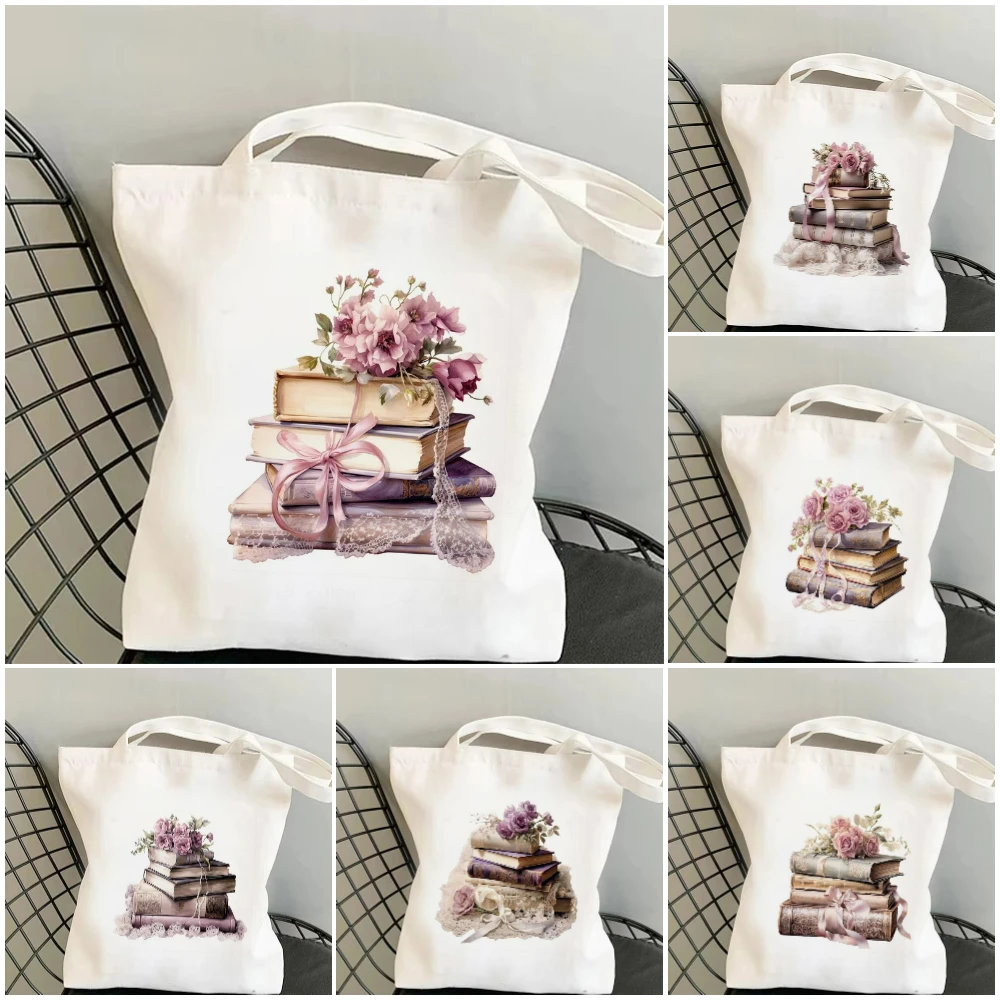 Retro Floral Watercolor Book Design Canvas Tote Bag Elegant and Artistic Handbag for Daily Commute Study and Casual Use Gift