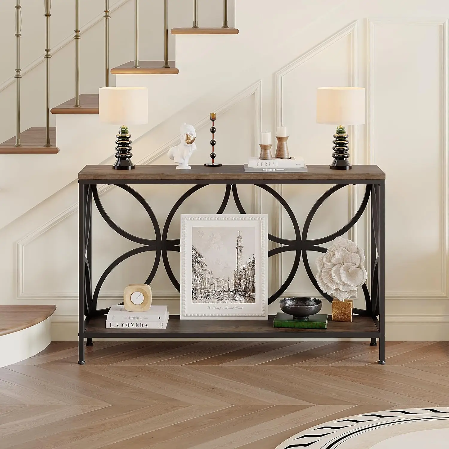 좁은 소파 테이블 47.2인치, 소파 뒤의 산업용 소파 테이블, 출입구용 보관함이 있는 빈티지 출입구 콘솔 테이블, 거실