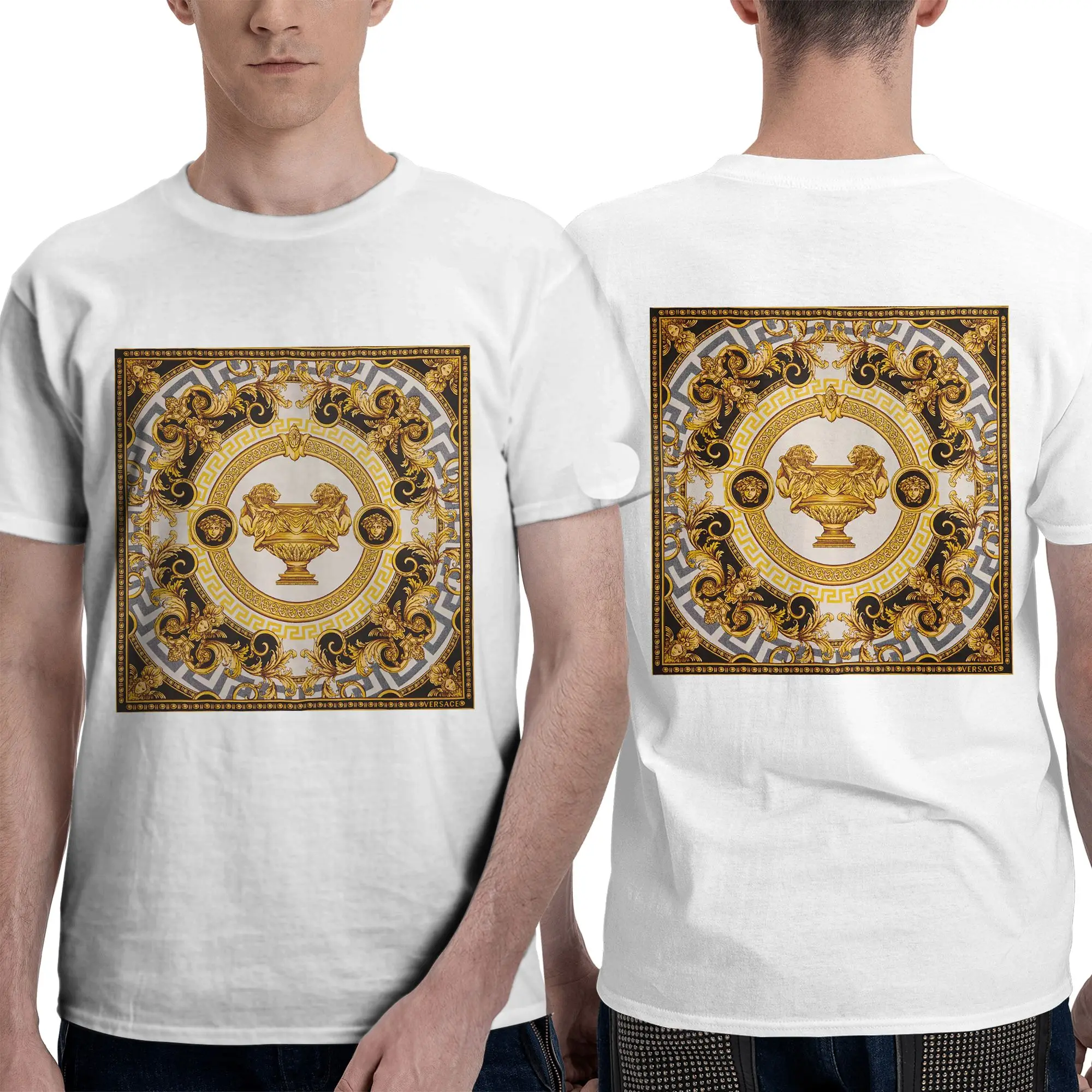 100% Cotton Decorative Golden Medallion Baroque T-Shirt Men's Double Sided T Shirt Men Round Neck Summer Shirts Tops S-6XL